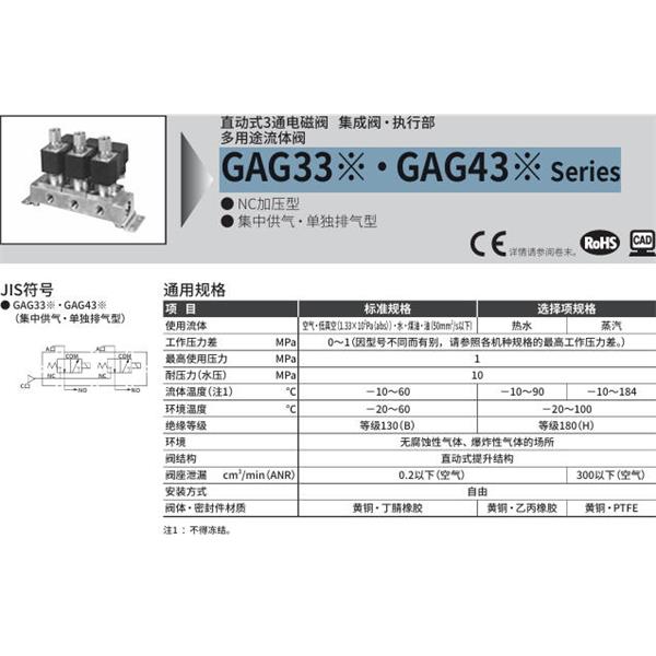 CKD喜開理多種流體直動式2通電磁集成閥GAG332N-1-0-AC100V