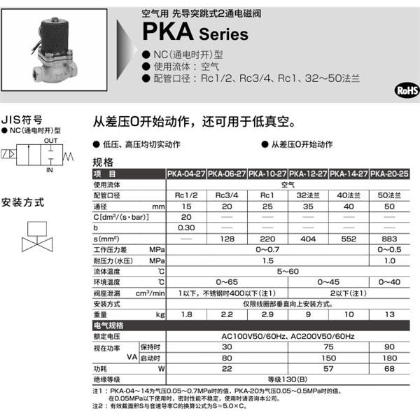 CKD喜開理空氣用先導突跳式2通電磁閥PKA-20-27-C-3N-AC100V