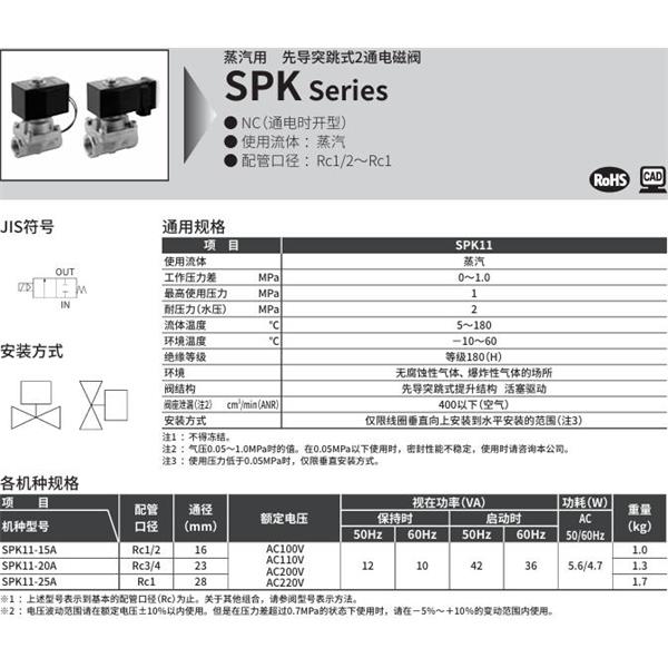 CKD喜開理蒸汽用先導突跳式2通電磁閥SPK11-25N-C4A-AC100V