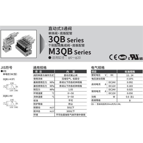 CKD喜開理直動式3通電磁閥3QB119-M5-D20H-3