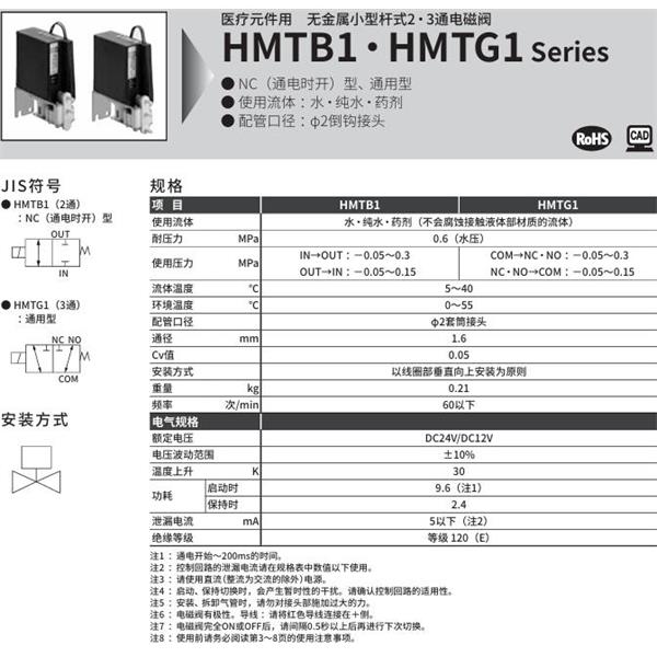 CKD喜開理醫療儀器用無金屬小型桿式2?3通電磁閥HMTB1-2TN-PE-DC12V
