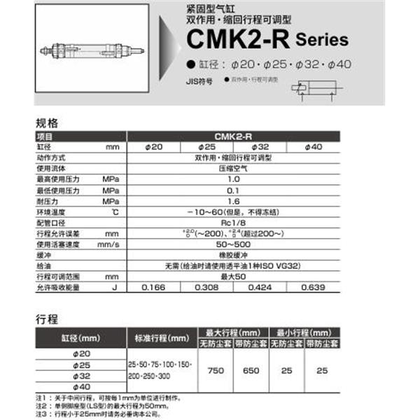 CKD喜開理緊固型氣缸CMK2-R-LS-25-50-25-T0H-R-J-I