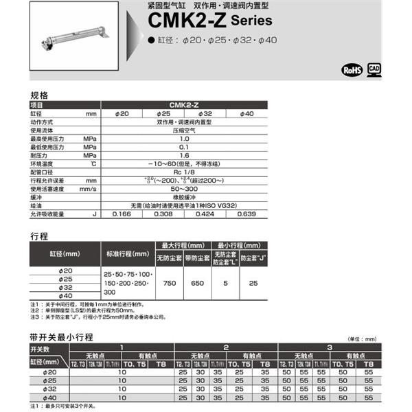 CKD喜開理緊固型氣缸CMK2-Z-CA-20-100-JI