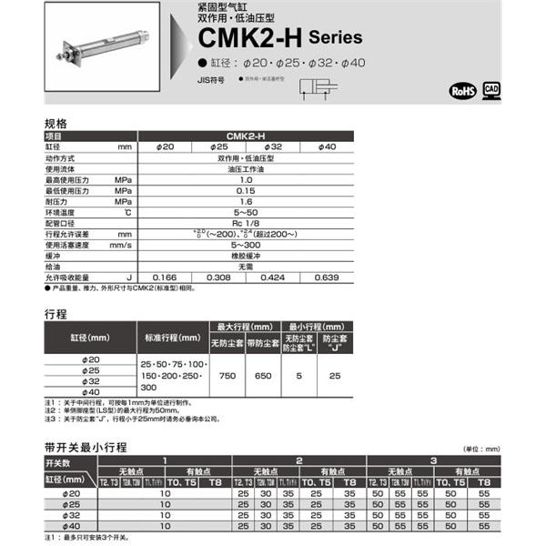 CKD喜開理緊固型氣缸CMK2-H-FA-20-100-JI
