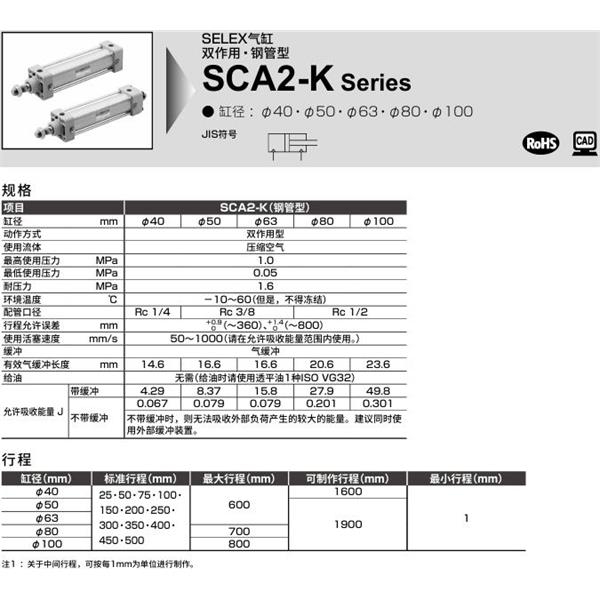 CKD喜開理SELEX氣缸SCA2-K-FB-100B-100-SI