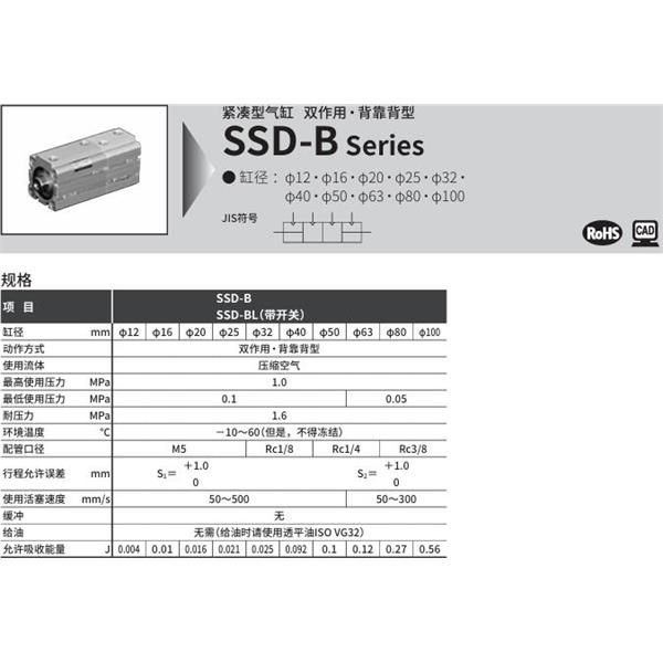 CKD喜開理超級緊湊型氣缸SSD-BL1-63-5-T0H-R-N-10-T0H-R-N-I