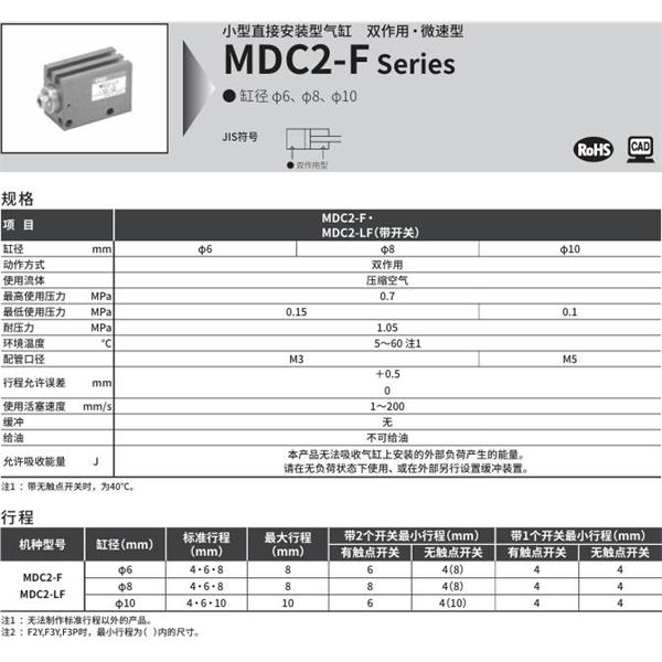 CKD喜開理小型直接安裝型氣缸MDC2-LF-10-10-F2V-R