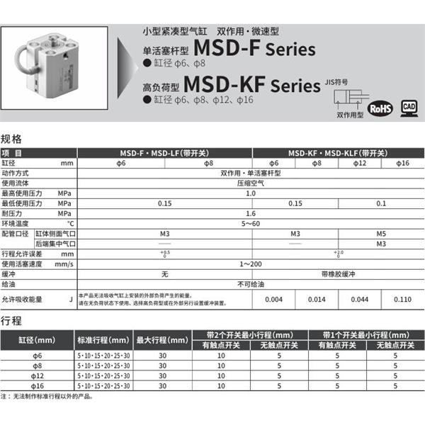 CKD喜開理小型緊湊型氣缸MSD-F-6-20