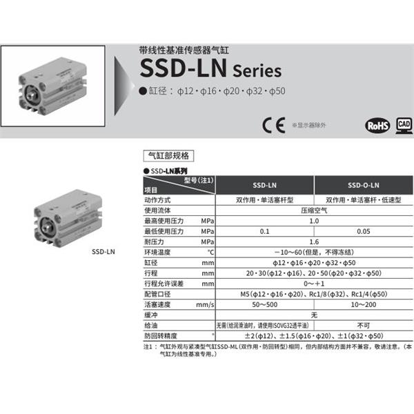 CKD喜開理扁平緊湊型氣缸SSD-LN-1220-10HC125LDSDN