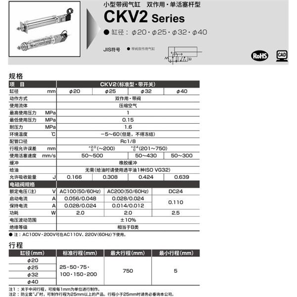 CKD喜開(kāi)理小型帶閥氣缸CKV2-TB-40-25-U-1-T0H-R-JI
